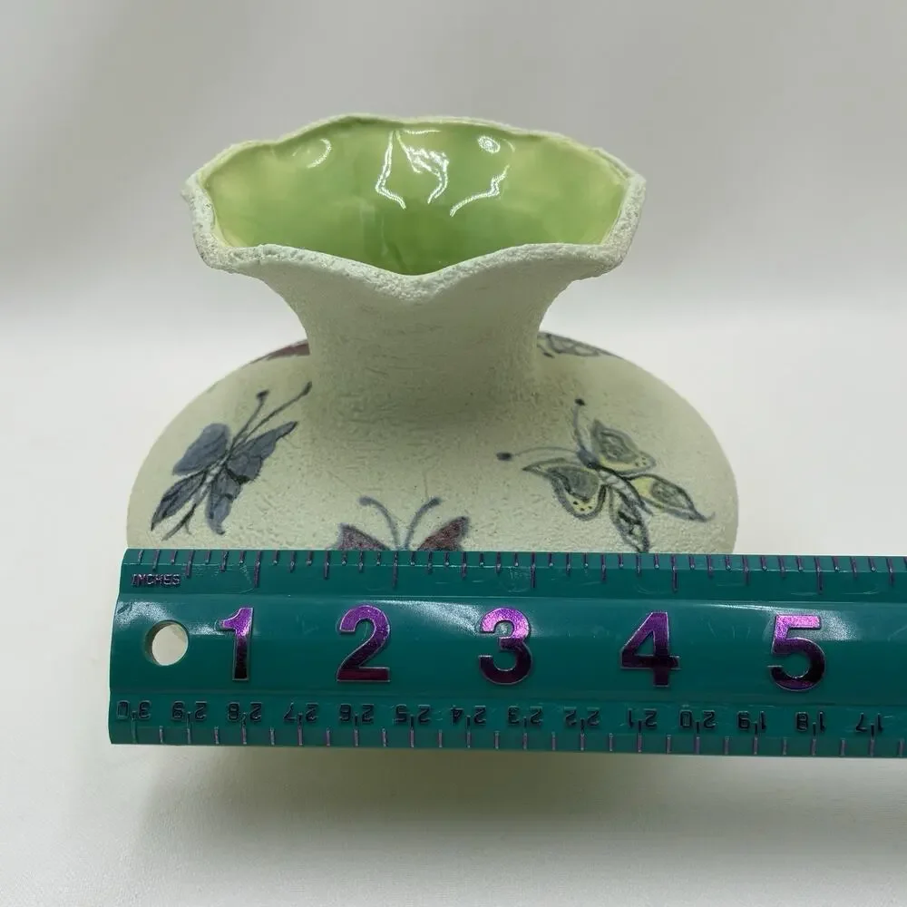 Vintage Hand Painted Textured Green Ceramic Artisan Vase With Butterflies